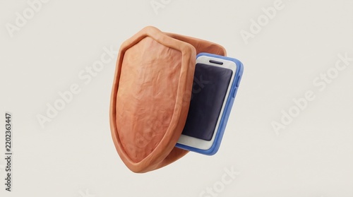 3D Clay Shield Protecting Smartphone Representing Mobile Privacy