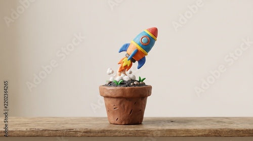 3D Clay Rocket Growing from Flower Pot Representing Startup Growth and Ambition