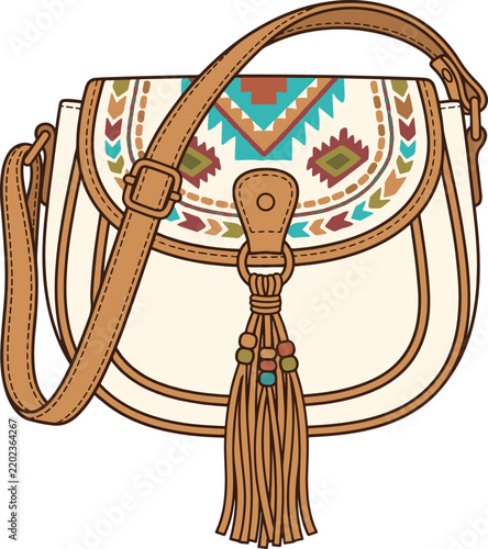 Cream leather crossbody bag with boho tribal print flap, tassel and adjustable strap, ethnic fashion vector illustration