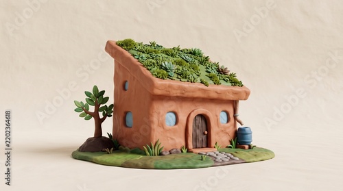 3D Clay House with Green Roof Representing Eco-Friendly Home