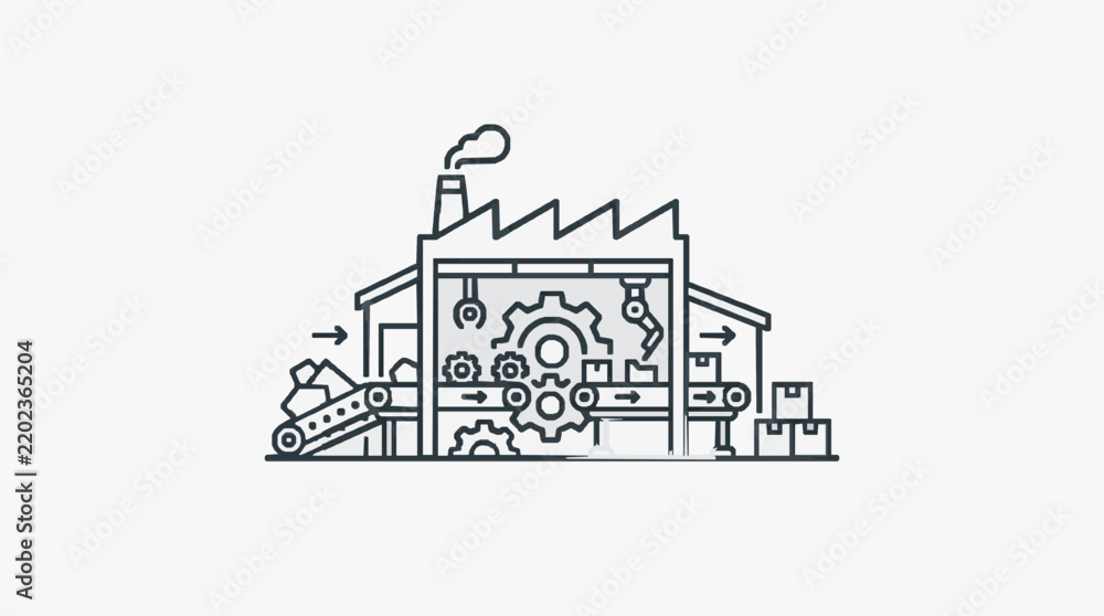 Fototapeta premium Industrial factory machinery line art with conveyor belts and gears