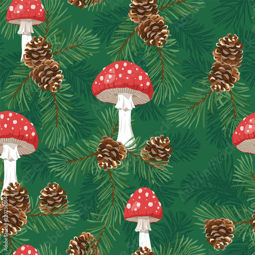 A seamless vector pattern featuring red fly agaric mushrooms, pine cones, and green spruce branches. The elements are arranged closely together against a solid dark green background, creating a dense 