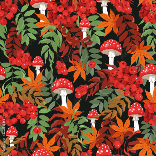 Autumn seamless pattern with fly agaric mushrooms, red rowan berries, orange maple leaves, and green and brown rowan branches on a black background. vector illustration in flat style.