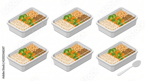 Isometric vector illustration of meal prep containers with healthy food on white background