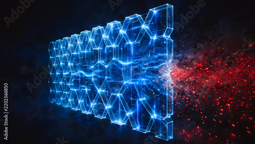 A glowing, transparent digital light wall holding back an incoming stream of red particles firewall protection against a cyberattack.
