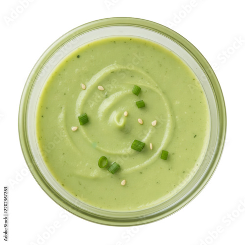 Top View of Green Sauce or Dip in a Bowl Isolated on a Transparent Background