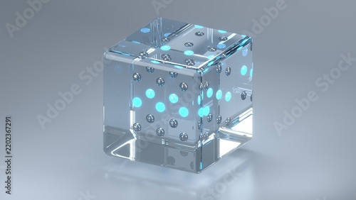 Cyan light spots and metal ball array inside a transparent cube