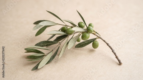 Fresh green olive branch with leaves on a light textured background