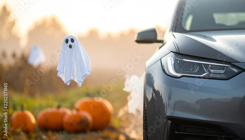 Eerie Autumn Night: A whimsical ghost decoration floats amidst pumpkins and autumn foliage, with a car in the foreground, evoking a spooky yet festive Halloween atmosphere.