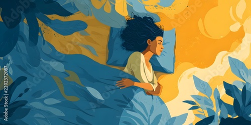Woman sleeping peacefully on a pillow surrounded by swirling blue and golden shapes