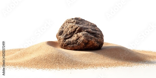 A solitary rugged stone rests atop a small mound of golden sand against a white background.