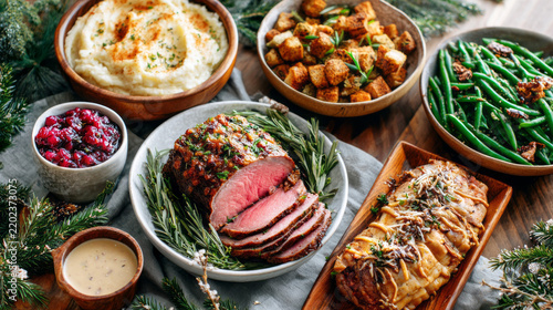 New Year and Christmas. Roasted holiday meal with glazed meat, green beans, mashed potatoes, stuffing, cranberry sauce and gravy in serving dishes