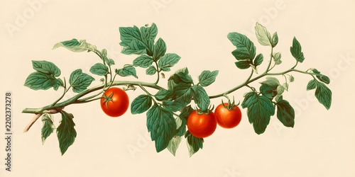 This vintage botanical illustration depicts a flowering tomato branch bearing three ripe red fruits alongside lush green leaves on a neutral cream background.