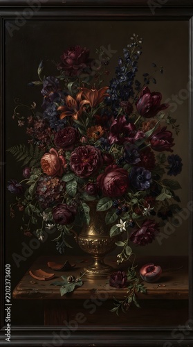 Classical Dark Still Life Oil Painting with Rich Burgundy Flowers in Vase