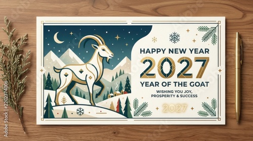 2027 new year greeting card featuring goat in snowy mountain landscape