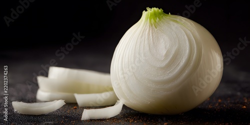 Whole white onion with sliced pieces resting on a dark surface against a black background