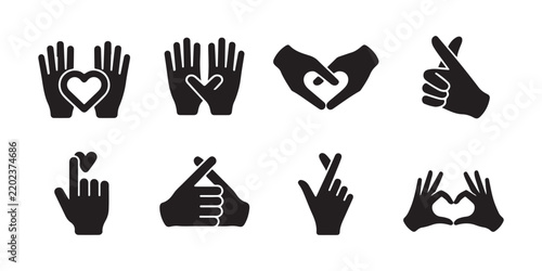 Finger heart hand gesture silhouette icons showing love care and kpop hand sign designs set.