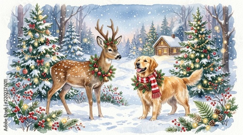 Deer and golden retriever with christmas wreaths in snowy winter landscape