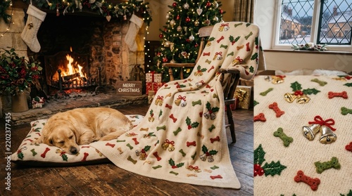 christmas dog sleeping by fireplace with festive blanket and tree dog fireplace christmas tree puppy