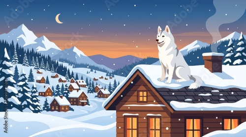 winter night scene with dog on roof snow covered village mountains moon stars dog snow village moon