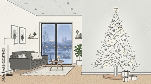 modern living room with christmas tree and city view through sliding doors living room sliding doors