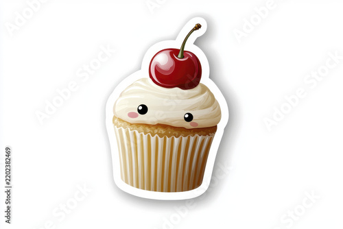Cute cupcake with cherry on top, featuring smiling face and creamy frosting, perfect for stickers or decorations