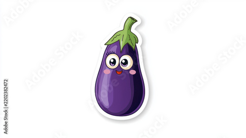 Cute eggplant sticker with smiling face and vibrant colors, perfect for adding fun touch to any item