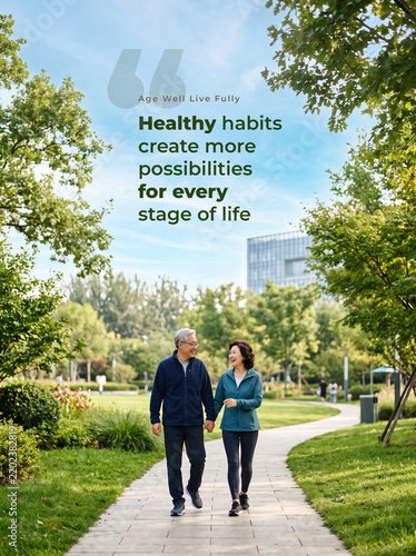 Healthy aging lifestyle advertising poster with mature Asian couple and copy space