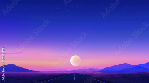 Serene night scene featuring road stretching towards vibrant sunset, with mountains background and starry sky. colors evoke
