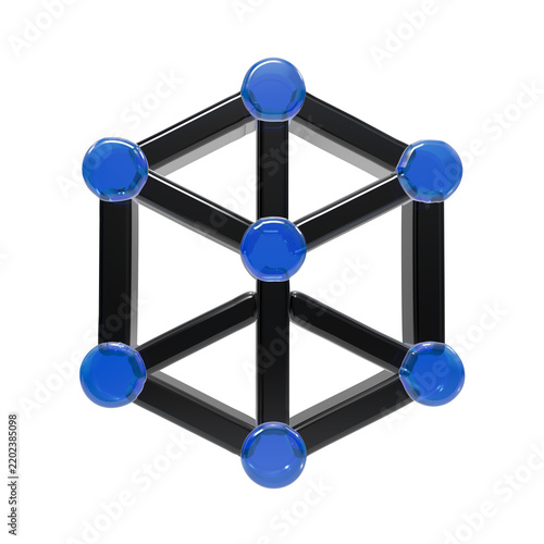 Canvas Print A3d geometric structure featuring a black wireframe cube with glossy blue sphere