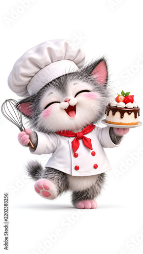 Cute Fluffy Cat Chef Holding Whisk and Strawberry Cake