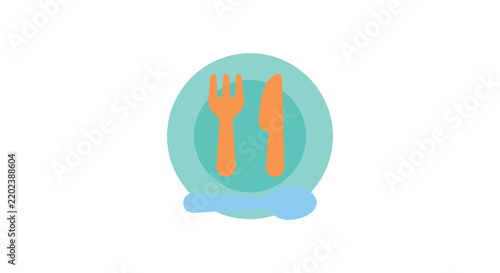 Flat vector illustration of cutlery arrangement on a circular teal plate with a blue spoon