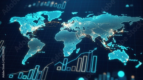 Digital world map visualization representing global economic events and investment markets.