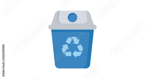 Blue recycling bin with circular opening and chasing arrows symbol flat vector illustration