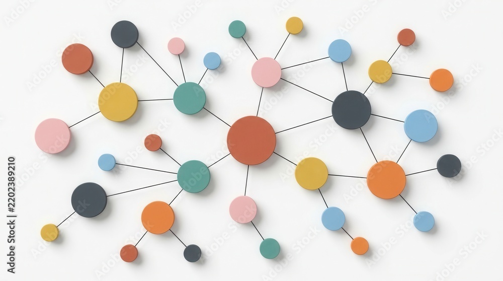 Obraz premium Creative brainstorming process element featuring colorful connected nodes on a white background.