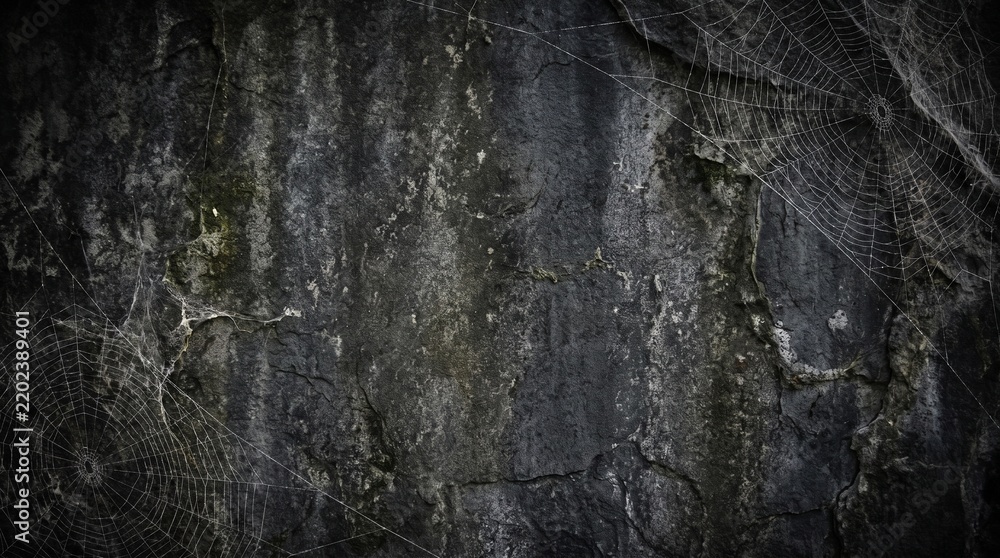 Fototapeta premium Dark Textured Stone Wall with Spider Webs Background Photo - spider web background, dark stone wall, gothic texture, spooky background, cave wall texture, halloween background, cobweb texture, dark