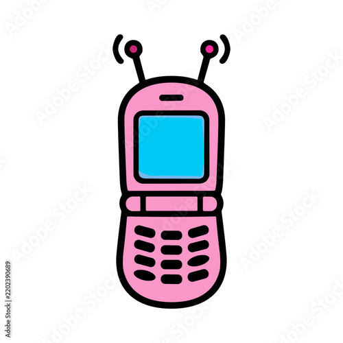 Retro Pink Flip Cell Phone with Antenna and Blue Screen