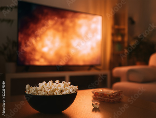 Cozy movie night at home with popcorn, television, and warm cinematic lighting