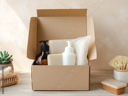 Minimalist packaging display with skincare bottles and natural lifestyle products in cardboard boxes
