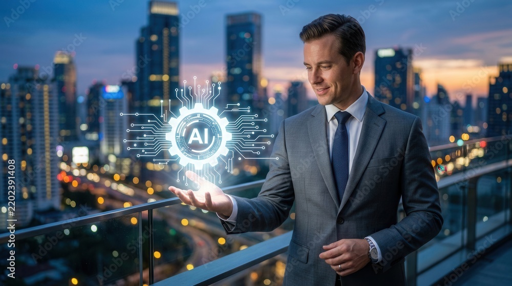 Fototapeta premium Technological innovation concept featuring a hand holding a digital AI gear icon with circuit patterns.
