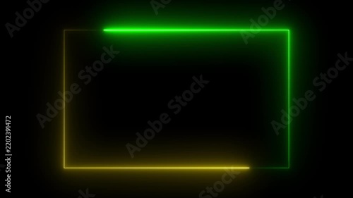 neon Square Rectangle picture frame icon animation glowing yellow and green color party show footage border frame display neon box line smooth effect on black background 4k video and animation