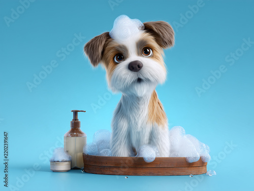 Cute 3D dog enjoying a relaxing spa bath with grooming products on a blue background