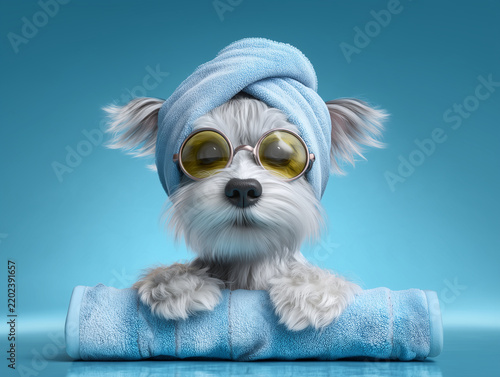 Cute 3D dog relaxing in a fluffy towel with a spa-inspired look on a blue background