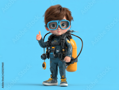 Cute 3D scuba diver characters in colorful diving gear on a blue background