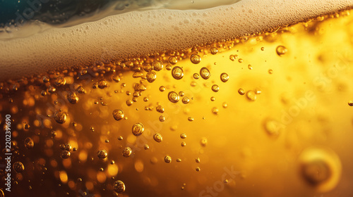 Close-up of golden beer with creamy foam and sparkling bubbles