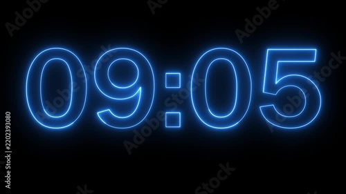 glowing neon 10 minute Countdown timer. neon 10 to 9 minute Countdown timer on black background and animation