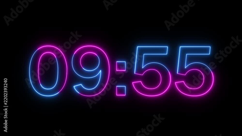 glowing neon 10 minute Countdown timer. neon 10 to 9 minute Countdown timer on black background.4k video