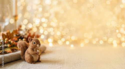 A squirrel in blink bokeh golden background Christmas Thanksgiving 