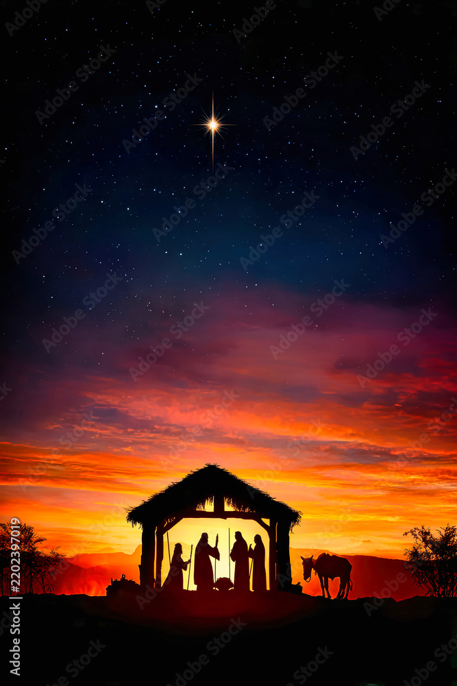 Obraz premium A stable shows the birth of Jesus with silhouettes of the Three Wise Men against a sunset sky. A bright star shines above the scene, capturing a