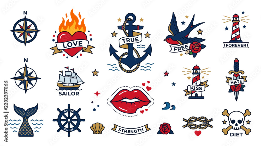 Obraz premium Nautical Tattoo Symbols: Anchor, Compass, Ship, Heart, Skull, Lighthouse, Lips